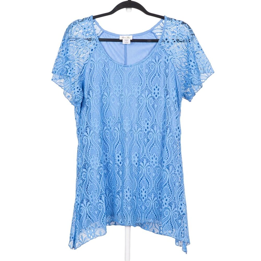 Brittany Black Lace Shirt L Womens Blue Short Sleeve Handkerchief Spring Nylon